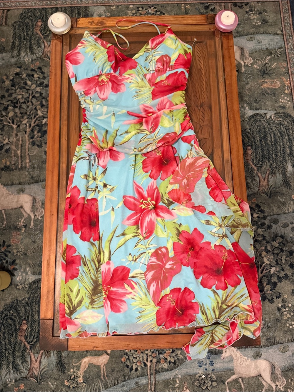 Windsor Light Blue Mini Dress with Red Floral Print